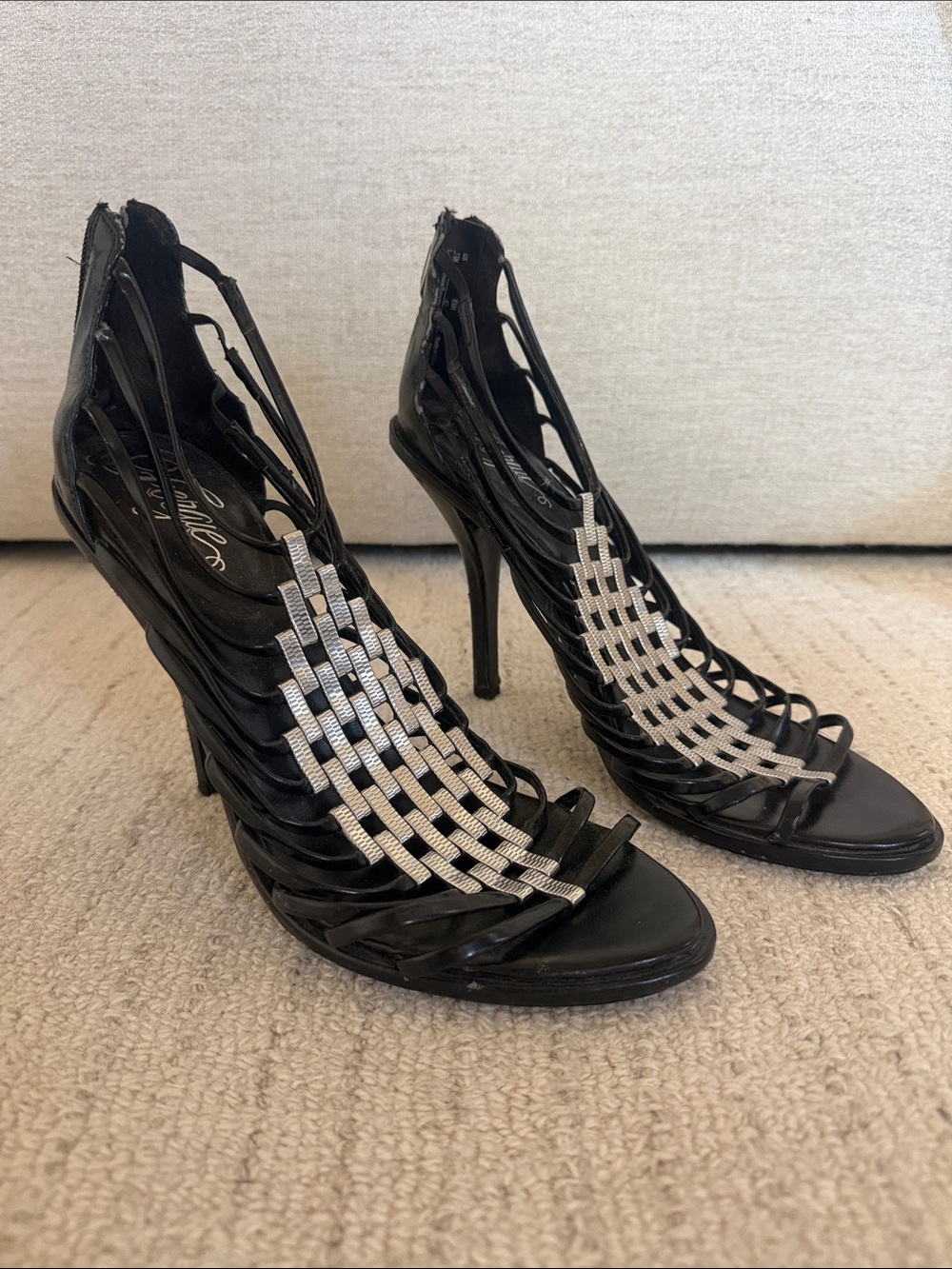 Fergie Black Strappy High Heel Sandals with Silver Weave